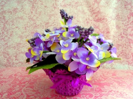 A little pot of pretty - flowers, white, purple, pot