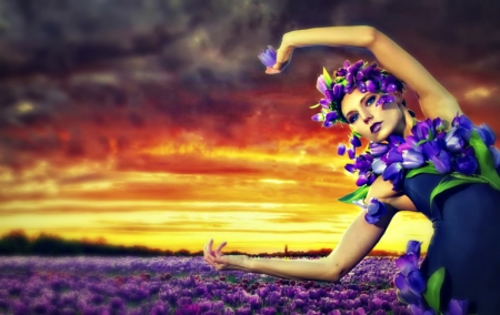 â™¥ - woman, photomanipulation, girl, field, make-up, sunset, creative, storm, purple, cloud, yellow, pink, orange