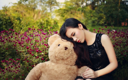 Teddy - girl, hairs, hug, teddy