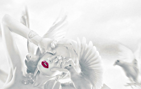 â™¥ - woman, photomanipulation, dove, girl, wings, creative, bird, face, white, situation, pink, feather, fly