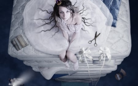 ♥ - crown, girl, photomanipulation, creative, bed, white, woman, scissors, situation, princess