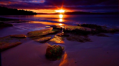 amazing purple sunset - shore, sunset, purple, sea, rocks