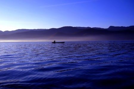 LAKE in MORNING MIST - morning, lake, man, mist, boat