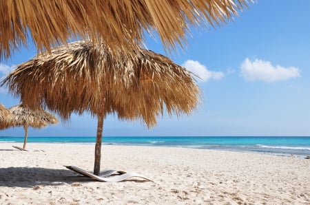 Lonsesome Beach - summer, sand, water, sea, umbrellas, sunshine