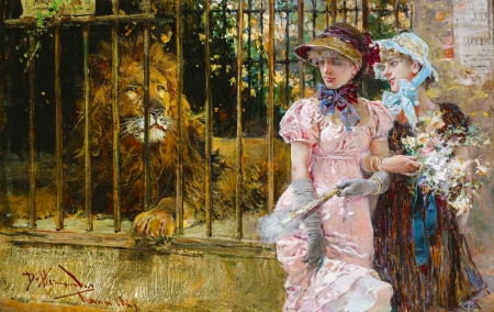 Victorian Ladies at the Zoo - costumes, pretty, elegant, serene, lion, art, ladies, women, 19th century, beautiful, girl, zoo, lovely, girls, fantasy, woman, painting, digital, victorian, wallpaper