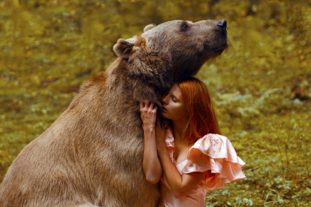 A Bear's Tale - woman, serene, girl, photography, bear, wallpaper, lovely, fantasy, art, beautiful, digital