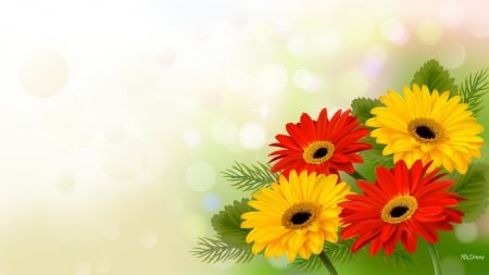 Waking To Sunshine - bokeh, blooms, summer, gold, spring, bright, zinnias, yellow, blossoms, red, flowers