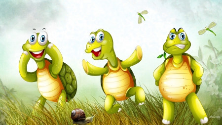 Trio of Turtles - turtles, expressions, dragonflies, snails, s grass, whimsical, cute