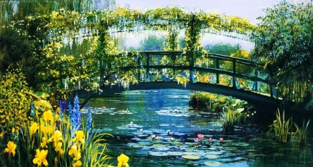 Sprintime Park - river, trees, blossoms, artwork, lillies, bridge