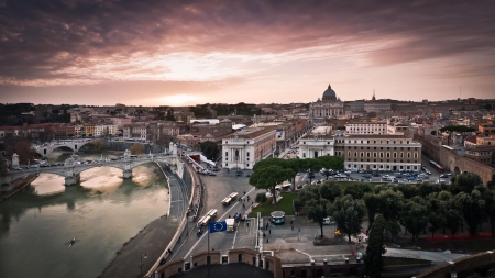 street in rome leading to the vatican - sundown, river, city, streets, bridge