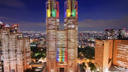 colorful lights in a tokyo skyscraper - lights, skyscrapers, city, colors, night