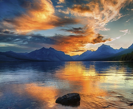 Lake McDonald Sunrise - sky, mountains, morning calm, montana, reflection, forest, beautiful, dawn, clouds, sunrise