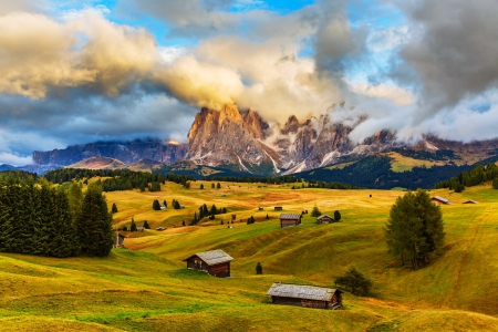 Mountains And Prairies - clouds, trees, hills, Alps, beautiful, grass, forests, Italy, huts, mountains, Dolomites, sky