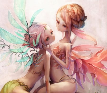 Beauty Fairies - woman, beauty, aqua, female, wings, fantasy, art, pretty, orange, fairies, cute, lady, soft, lovely, abstract, blue, beautiful, pink, sweet, fairy, blonde