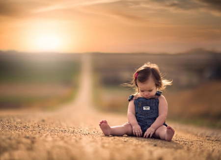 â™¥ - sky, girl, adorable, sunset, child, road, nature, baby, clouds, splendor, sweet