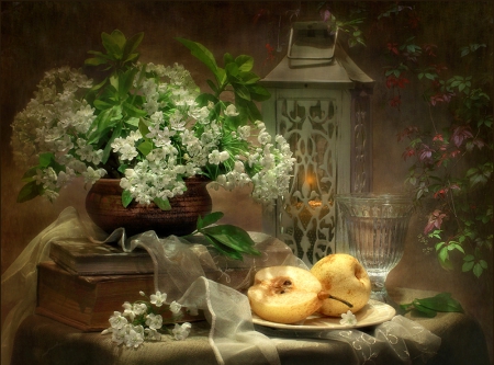 Still Life - flowers, nature, lamp, with love, petals, still life, lantern