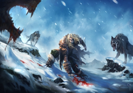 Fighting For His Life - wolves, snow, winter, mam, blood, knife