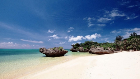 Rocky Shore - beach, sky, boulders, water, shore, rocks, bright, nature, white, daytime, warm, clouds, blue, bunch, sand