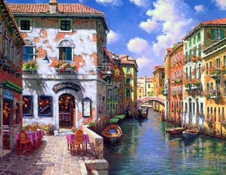 Venetian colors - venice, water, summer, canal, painting, art, restaurant, town, romantic, reflection, rest, colors, cafe, flowers