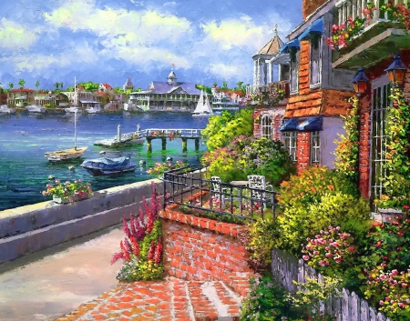 Balboa island - summer, coast, beach, island, flowers, countryside, shore, view, exotic, art, cottage, sky, vacation, travel, dock, rest, pier, village, sailboat, painting