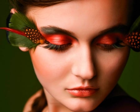 Artistic woman - face, makeup, feathers, woman