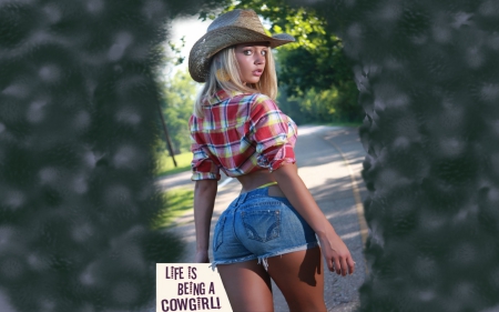 Cowgirl's Life - women, girls, famous, fun, models, female, cutoffs, cowgirls, hats, style, westerns, fashion, rodeo, otdoors, blondes, laura elisabeth moro, ranch