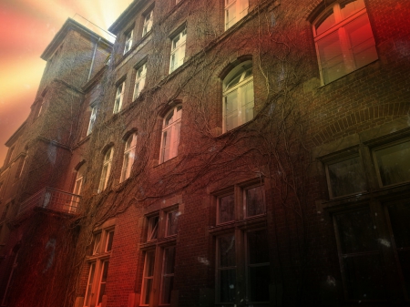 Asylum - house, creepy, red, sun