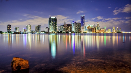 evening over miami cityscape - lights, reflections, evening, skyscrapers, city, seaside