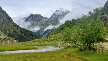 mountain stream - valley, mountain, clouds, stream, meadow