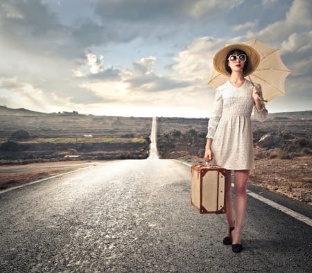 Beauty - road, umbrella, lady, suitcase