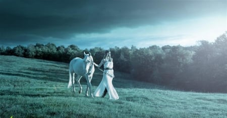 Beauty - beauty, woman, lady, trees, female, girl, abstract, horse, clouds, grass, dress, blonde