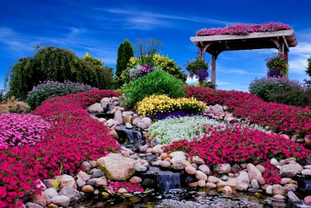 Summer stream - cascades, water, summer, beautiful, slope, stream, spring, lovely, freshness, flowers, garden, sky, park