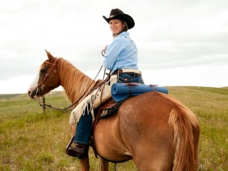 Ranch Life - fun, female, boots, fields, hats, fashion, saddles, cowgirls, style, outdoors, horses, ranch, sky, westerns