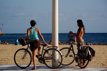 cycling - girls, seaside, beach, cycling, holiday, sea