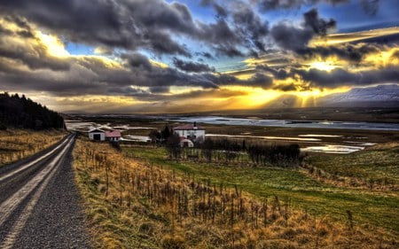 The Farm on the Fjord at Sunset iceland - farm, iceland, clouds, fjord, sunset, road