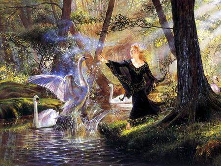 The swan dance - woman, art, swans, forest, fairy, fantasy, brook