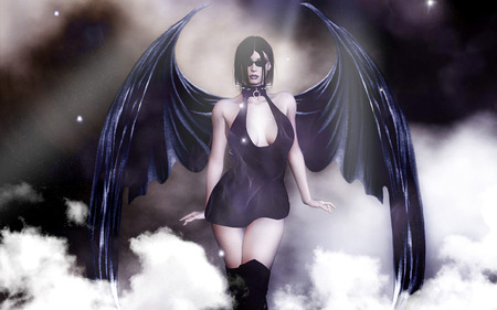 Blue Angel - women, clouds, blue, girl, angel, gothic, dark, fantasy, purple