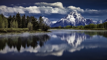 mount moran above snake river in the grand tetons - clouds, river, snow, forest, reflection, mountain