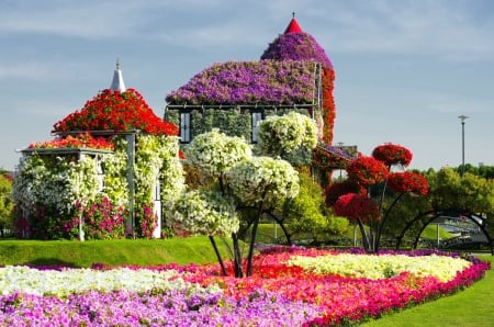 Miracle garden - sky, trees, park, colorful, summer, spring, cottages, village, floral, miracle, flowers, alleys