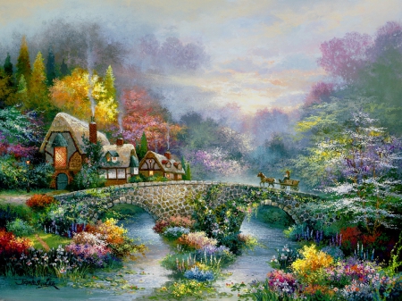 Peaceful cottage - quiet, creek, stream, forest, calmness, flowers, shore, art, cottage, sky, house, river, nature, painting, serenity, peaceful, bridge