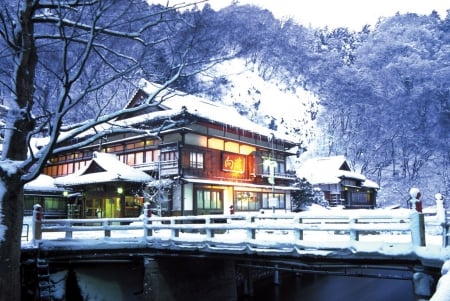 Winter House - house, japan, onsen, winter, snow, forest, japanese