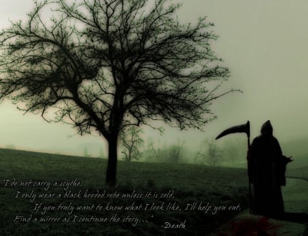 A Message From Death - black, grim reaper, gothic, words, tree, dark