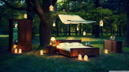 Outdoor bedroom - nature, bed, lamps, candles, light, decor