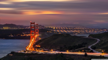 San Francisco - pretty, city, night, bridge, lights