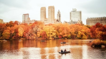 boating in central park lake in autum - autumn, lake, boats, forest, park, city