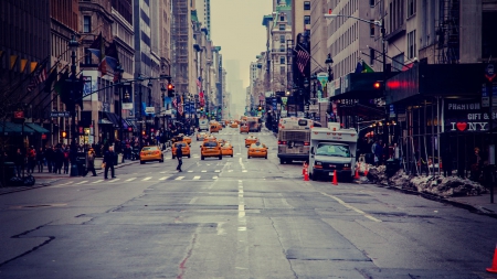 yellow taxis in a manhatten avenue at dawn - dawn, avenue, skyscraper, city, taxis