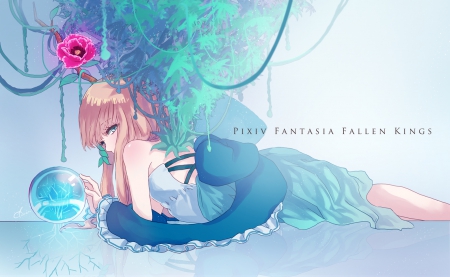 Pixiv Fantasia Fallen Kings - anime, dress, girl, pixiv fantasia, long hair, flower, blue eyes