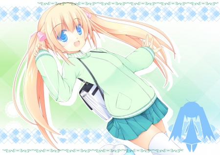 Hello There!! - anime, skirt, ponytails, sweater, girl, blonde, bells, blue eyes