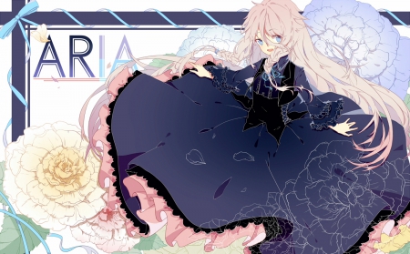 ~Aria~ - flowers, vocaloid, anime, dress, ribbon, long hair, IA, blue eyes