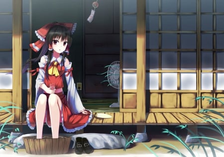 It's Way Too Hot!!! - water, summer, hakurei reimu, brown hair, red eyes, touhou, fans, anime, house